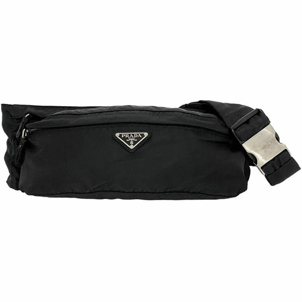 Prada Body Bag Black Tessuto Belt Triangle Plate Zip Waist Pouch Clutch Compact